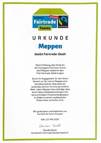 Urkunde Titelerneuerung Fairtrade-Town 2024-2026 © Stadt Meppen